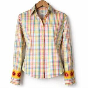 Andrea BeckeR Vintage Plaid Poppy Embroidery Button Front Cottagecore Blouse